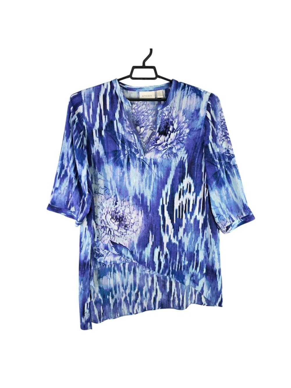 Womens Chicos Blue Abstract Floral Asymmetrical Tunic 3/4 Sleeve V-Neck Size 3